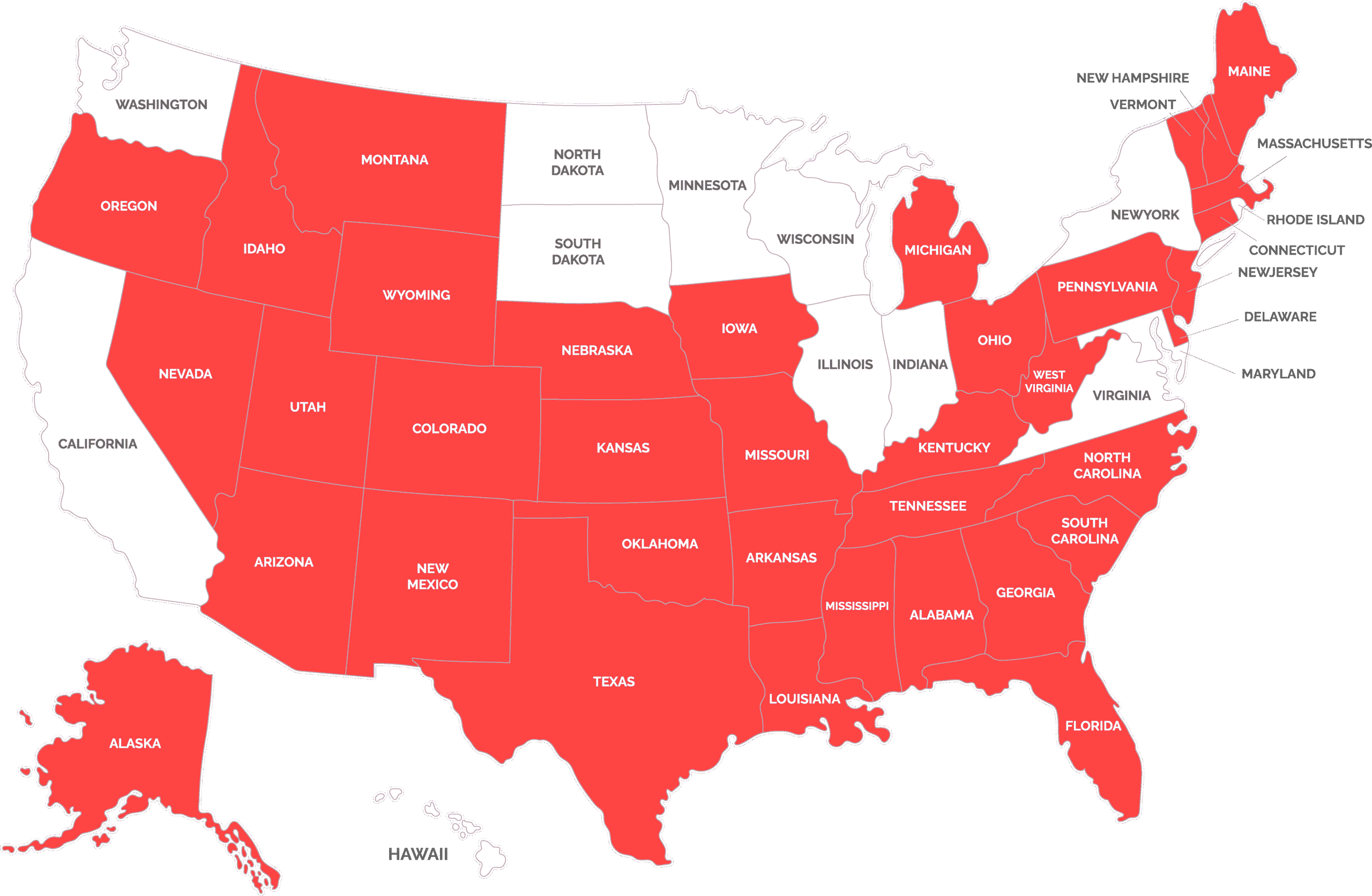 U.S. Franchise territory map. Red states are currently available; outlined states are not currently available.